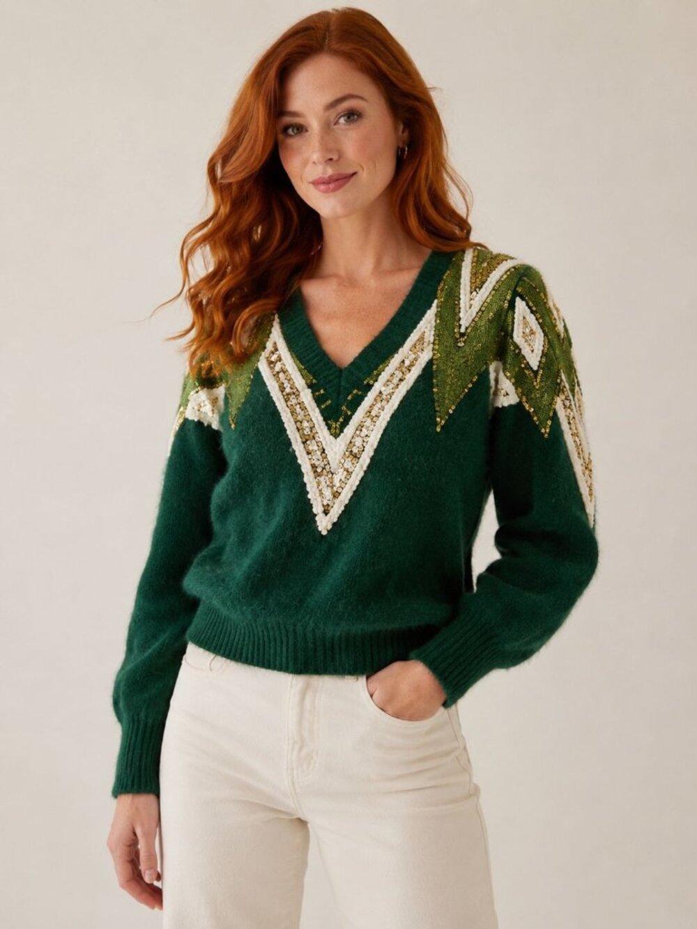 Christine Women's Long Sleeve Pullover Sweater Green Size S Vintage Glam • Holid